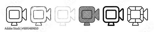 Set of six video camera icons presented in various artistic styles including line art, hand-drawn, dotted, bold, and geometric for digital media and filmmaking concepts