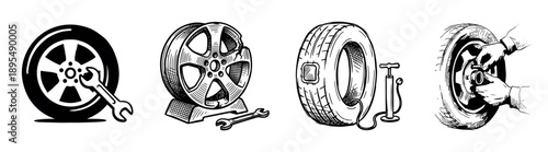 Four black and white hand-drawn illustrations of automotive wheel and tire repair, showing a wrench, a cracked rim, a patched tire with a pump, and hands mounting a wheel