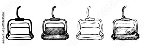 Four hand-drawn ski lift chair illustrations in various sketch styles, showcasing different line art and hatching techniques for a winter sports or mountain resort theme