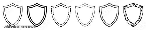 Set of six black shield icons in various outline styles including solid, dashed, dotted, sketchy, and geometric, representing security and protection concepts