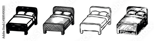 Four hand-drawn bed illustrations in various black and white sketch styles, including silhouette, line art, and cross-hatching, showing a collection of furniture icons
