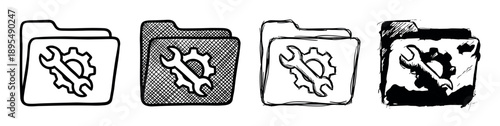 Four hand-drawn folder icons with wrench and gear symbols representing settings, configuration, or technical tools in various sketch, doodle, and grunge artistic styles