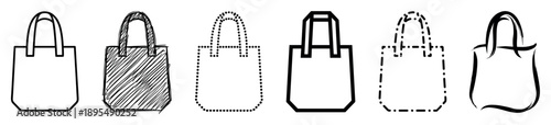 Set of six black tote bag icons presented in various artistic styles including line art, sketch, dotted, bold, dashed, and brush stroke for graphic design elements