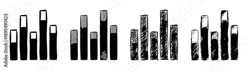 Set of four hand-drawn black ink bar charts with various textures and fill patterns, showcasing different sketch and doodle styles for data visualization and infographics