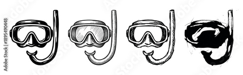 Set of four hand-drawn diving masks and snorkels presented in various artistic styles, including clean silhouette, detailed hatching, and rough ink sketch illustrations