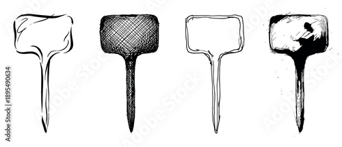 Four hand-drawn black garden plant markers in a sketchy ink style, a set of graphic illustrations with different textures like crosshatching and grunge for labeling seedlings