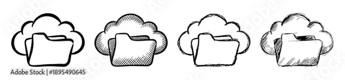 Four hand-drawn cloud folder icons in a sketchy doodle style representing online data storage and file sharing, a collection of monochrome pictograms with different hatching