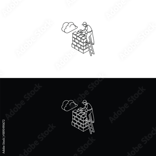 A man wearing a cap stands on a ladder, diligently laying bricks to construct a rising wall with a small cloud floating nearby.