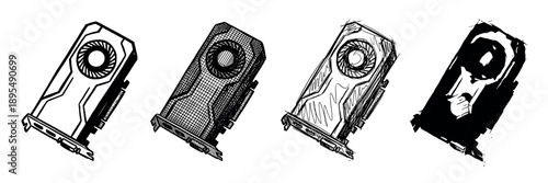 Four hand-drawn black and white illustrations of a graphics card in various artistic styles, from clean line art and crosshatching to a rough sketch and bold silhouette