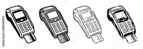 Four hand-drawn POS payment terminal illustrations showing a credit card inserted for a transaction, created in a black and white monochrome sketch and doodle art style collection