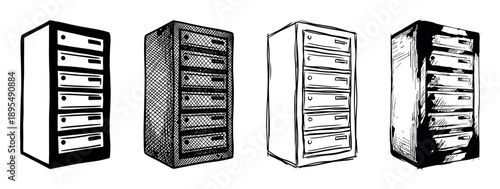 Set of four hand-drawn server rack illustrations in various graphic styles, including sketch, outline, and crosshatch, representing data center hardware and network technology