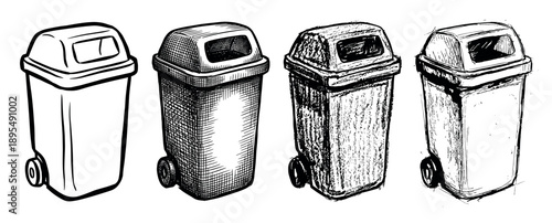 Set of four black and white trash can drawings in various hand-drawn styles, from simple line art to detailed cross-hatching and a rough, sketchy, grunge texture