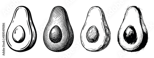 Four hand-drawn avocado halves with seeds illustrated in a black and white sketchy style showing different artistic techniques like crosshatching and line art