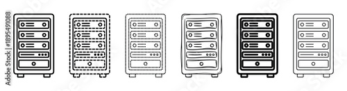 Set of six server rack icons in various line art styles including solid, dashed, dotted, and a hand-drawn sketch, representing data center and network hardware