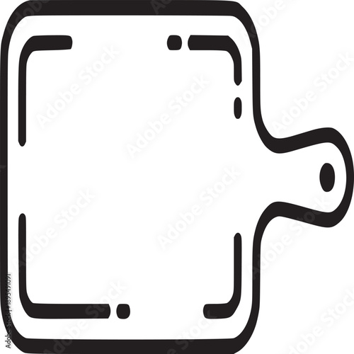 A minimalistic line drawing of a cutting board with handle on a light beige background design icon