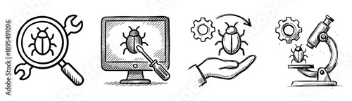 Hand drawn bug fixing icon set illustrating software testing, debugging, quality assurance, and troubleshooting concepts in a black and white sketch style