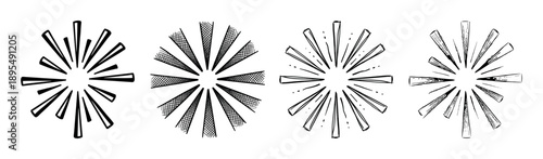 Set of four hand-drawn sunburst elements with different textures like hatching and dots, created in a black and white sketch style for graphic design and decoration