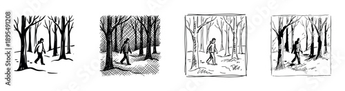 Set of four hand-drawn sketches showing a person walking through a winter forest, illustrating different graphic styles like line art, silhouette, and cross-hatching