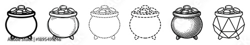 Collection of six pot of gold icons presented in different black and white artistic styles, from simple line art and sketching to dotted trace and geometric forms
