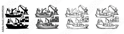 Set of hand-drawn cargo ship illustrations with port cranes loading containers, depicted in various sketch, doodle, and silhouette styles for maritime shipping concepts