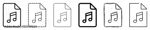 Set of black music file icons presented in various line art styles including solid, dashed, dotted, bold, and hand-drawn sketch for user interface design concepts
