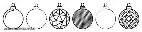 Set of six black Christmas bauble icons with various patterns and line styles, including solid, dashed, dotted, geometric, striped, and ornate designs for holiday decoration