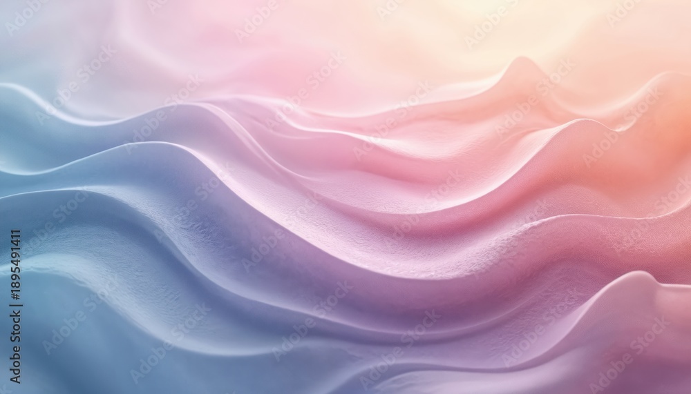 Fototapeta premium Soft pastel fabric waves with texture in blue pink orange hues. Gentle folds create abstract landscape forms. Smooth textile background suitable for design.