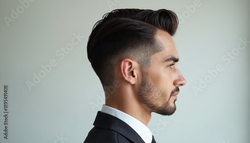 Man with slicked back hair and neat beard wears suit. Profile view shows sharp retro style. Classic grooming and polished look, isolated on plain background.