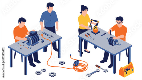 Engineering Class STEM Education Workshop Isometric Vector..eps