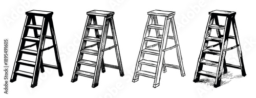 Collection of four hand-drawn stepladders in a black and white ink sketch style, showing different artistic interpretations of the A-frame tool used for reaching high places