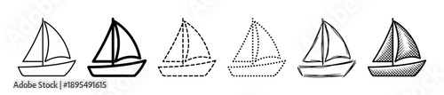 Set of six sailboat icons in various artistic styles including simple line art, bold, dashed, dotted, hand-drawn sketch, and hatched for graphic design elements