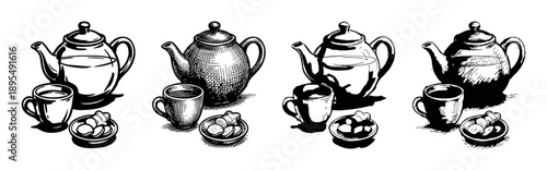 Set of four hand-drawn teapot, cup, and pastry illustrations in a vintage black and white engraving and graphic style, showing different shading techniques for a classic tea time