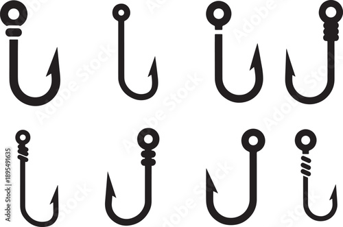 Fishing Hook Icons, Angling Gear Silhouettes, Hook Variations Vector Set