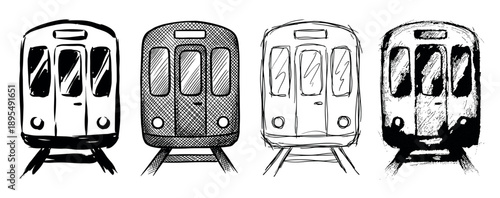 Set of four hand-drawn subway trains in different artistic sketch styles, showing a front view of the public transport vehicle on its tracks in a monochrome illustration