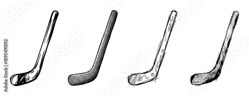 Four hand-drawn black and white hockey sticks in a row, showcasing different artistic sketch styles from simple line art to detailed cross-hatching and scribbled textures
