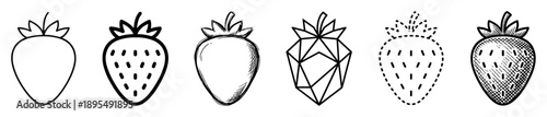 Set of six black strawberry illustrations showing different artistic styles including line art, sketch, geometric, dotted, and hatched designs for graphic design elements