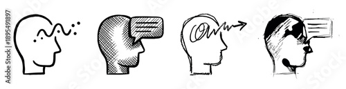 Four hand-drawn human head icons illustrating the process of thinking, from confusion and problem-solving to finding a solution and communicating an idea in a sketchy doodle style