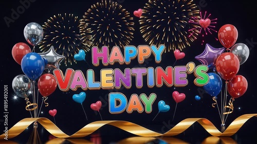 Bright Happy Valentine’s Day Neon Text with Fireworks and Hearts, Fun Romantic Love Animation Background