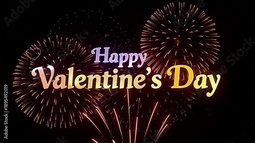 Happy Valentine’s Day Colorful Fireworks with Modern Typography, Romantic Celebration Animated Background Video