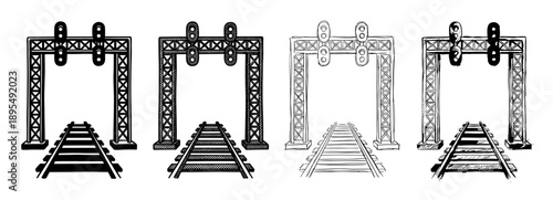 Set of four railway signal gantries and tracks in various hand-drawn artistic styles, including silhouette, stipple, line art, and a rough ink sketch