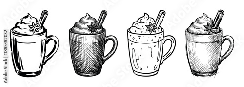 Four hand-drawn mugs of hot drinks with whipped cream, cinnamon, and star anise in a black and white sketch style illustration set for a cozy, warm beverage concept