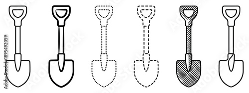 Set of black shovel icons in various line art styles including thin, bold, dotted, dashed, and cross-hatched designs for gardening or construction concepts