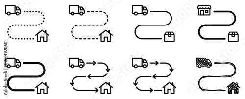 Set of black line art delivery icons showing truck routes from a store to a home, illustrating shipping, logistics, and package tracking concepts in various styles