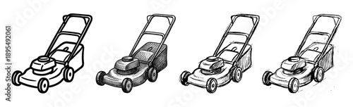 Four hand-drawn lawn mower illustrations in a black and white sketch style show a classic push mower with varying levels of hatching and detail for a graphic, artistic look