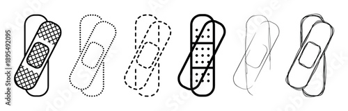 Set of black line art adhesive bandages in various graphic styles including solid, dotted, dashed, and sketchy hand-drawn illustrations for medical and first aid concepts