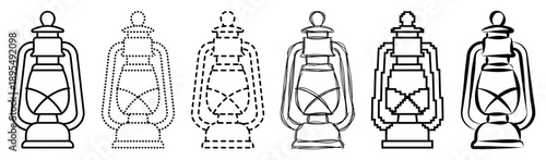 Set of six vintage oil lanterns presented in a variety of black and white line art styles, including dotted, dashed, hand-drawn sketch, and pixel art illustrations