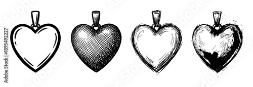 Set of four heart-shaped pendants illustrated in various hand-drawn styles, including clean line art, cross-hatching, sketchy scribbles, and a distressed grunge effect