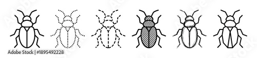 Set of six black beetle insect icons showing different design variations like solid line, dotted, dashed, hatched fill, hand-drawn sketch, and geometric style