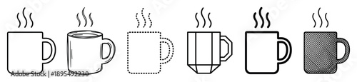 Set of six black and white coffee mug icons with steam, showcasing various graphic design styles including simple line art, dotted outline, geometric, and crosshatch shading