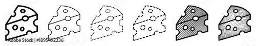 Set of six black cheese wedge icons in various line art styles, showcasing solid, dashed, dotted, crosshatch, and stipple textures for versatile graphic design